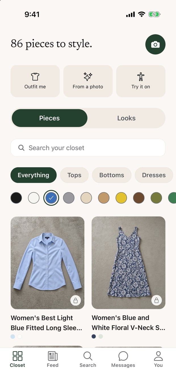 A closet filtered to one color, showing only the blue pieces