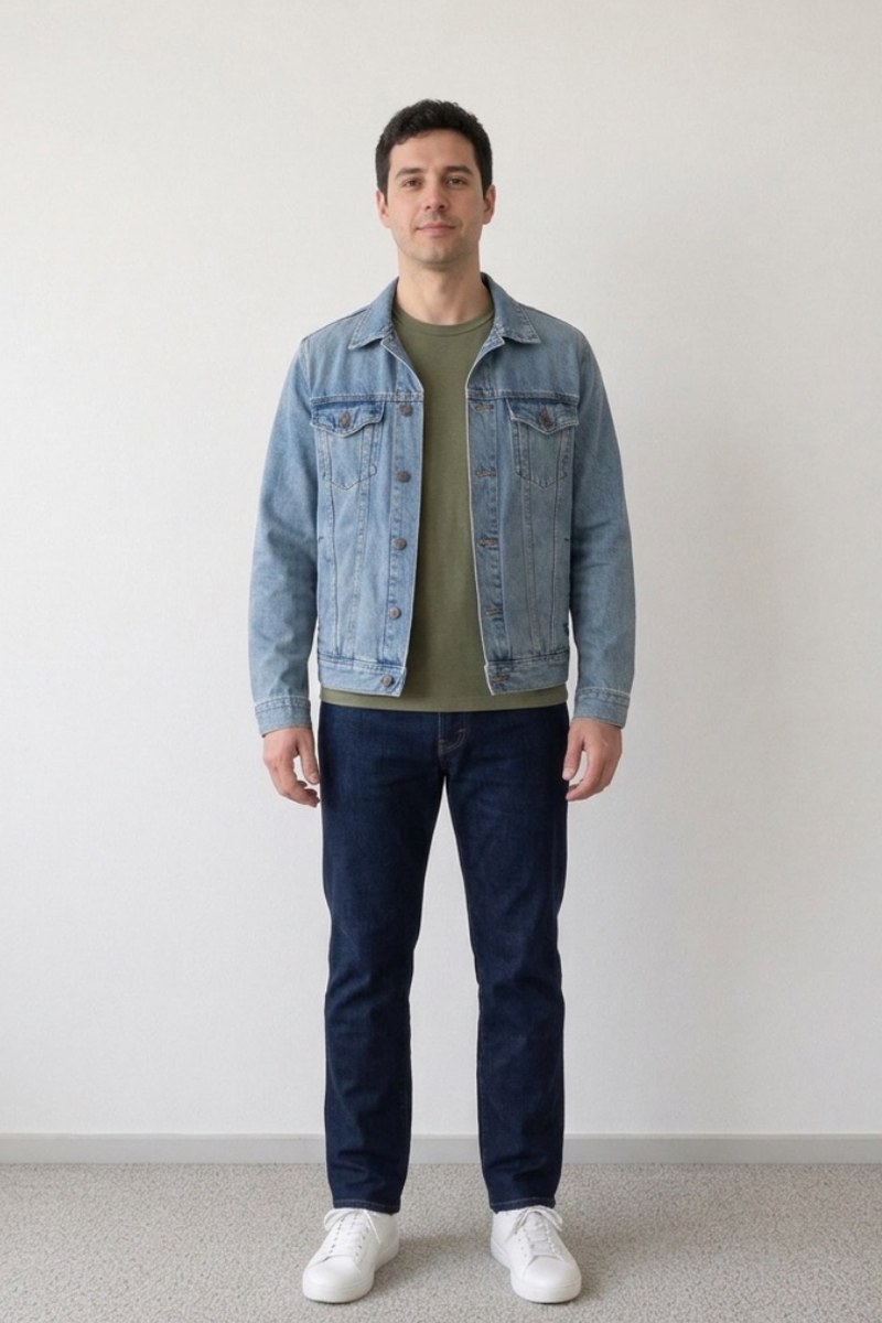 A denim jacket over an olive t-shirt with dark jeans